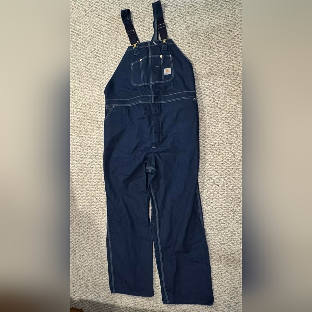 Carhartt Men's 52x32 Dark Blue Wash Denim Carpenter Pocket Overalls Workwear EUC